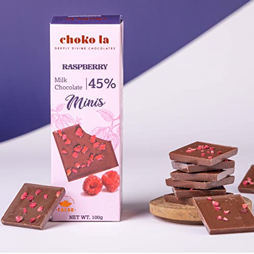 Image of Chokola 45% Milk Chocolate Raspberry Minis - Creamy Cocoa with Fruity Raspberry Chocolate Bites-100g