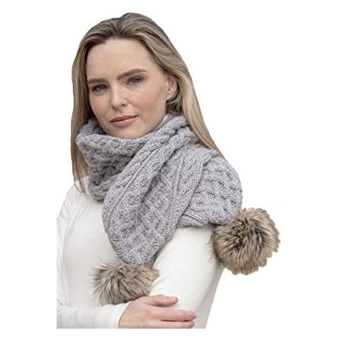 Aran Crafts Irish Cable Knit Wool Faux Fur Pom Pom Scarf 10"x64" (X4965-SGRY) Soft Grey Cover