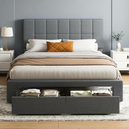 Image of Marsail Queen Bed Frame with 2 Storage Drawers - Upholstered, Adjustable Headboard,6 inch-12 inch Mattress Fit, 1300 lbs Capacity, 12-Leg Sturdy Wood Construction, Easy Assembly, Dark Gray