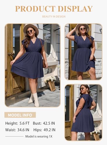 Image of Eytino Plus Size Dresses for Women Summer Ruffle Cap Sleeve Lace V Neck Embroidery Eyelet A Line Dress(1X-5X)