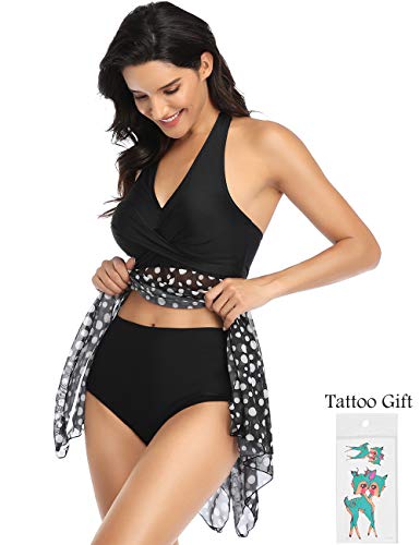 Donpapa-Damen-Badeanzug-Bauchweg-Tankini-Set-Badekleid-Mesh-Neckholder-Mit-Slip-Bademode-Push-up-Gepolstert