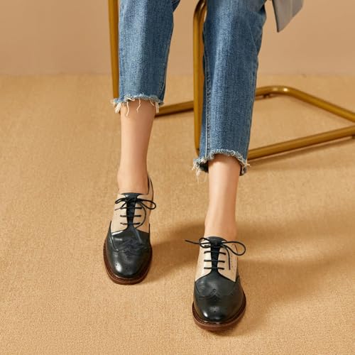Image of BEAU TODAY Oxford Shoes for Women,Leather Brogue Dress Shoes,Comfort Brethable Ladies Lace-up Handmade Wingtip Shoes for Business Work