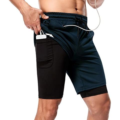 Cabeen Mens 2-in-1 Running Shorts Quick Drying Breathable Sports Workout Training Jogging Shorts with 2 Side Pockets + 1 Hidden Zip Pockets Navy Blue Cover