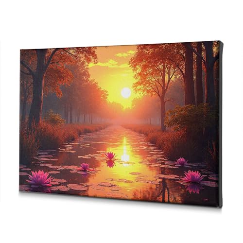 Toile coucher de soleil lotus rose : une évasion poétique