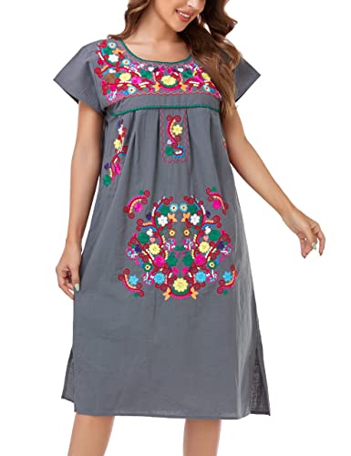 Image of YZXDORWJ Women Mexican Embroidered Long Dress Ruffle Collar Maxi Boho Floral Summer Short Sleeve