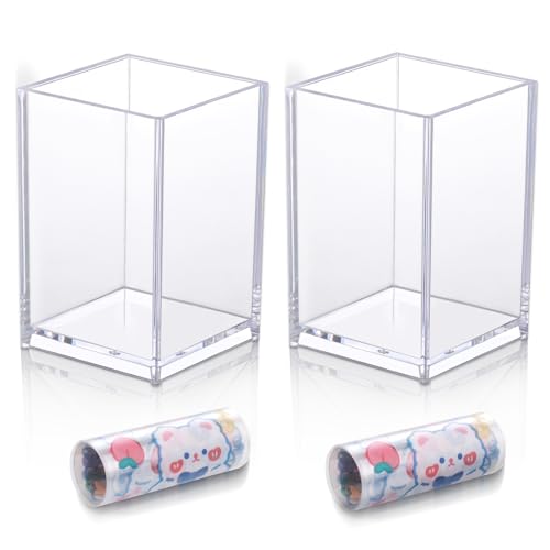 JIANTA 2 Pack Porte Stylo Bureau Acrylique, Pot à Crayon en Acrylique, Organisateur de Bureau Transparent, Rangement Crayon, Rangement Feutres, Rangement Maquillage avec des Autocollants Adorables