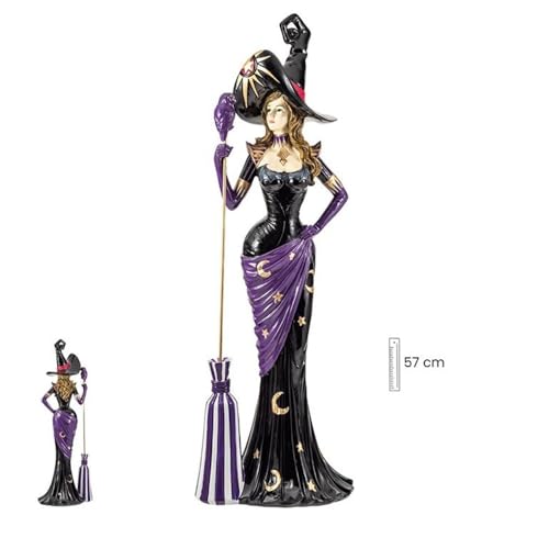 Figurine sorcière résine 57 cm avec balai déco Halloween statuette rayures couleur