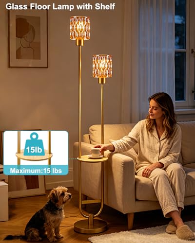 Image of Amber Glass Floor Lamp with Table Shelf, Modern Gold Standing Lamp, Tall Farmhouse Floor Lamp with Foot Switch & 3000K Warm White Bulb Included for Living Room Bedroom Home Office