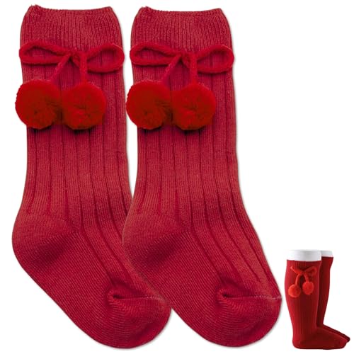 Calcetines Largos de Algodón Con Pompones, Medias Largas de Algodón para Bebés, Calcetines de Rodilla  para niños, Calcetas de Bebé (FR/ES, Edad, 1 año, 2 años, Regular, Rojo)