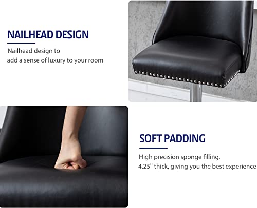 Kmax Leather Bar Stools Swivel Adjustable Counter Height Stools With Silver Base Nailhead Footrest For Kitchen Island, Set Of 4- Black #TOP4