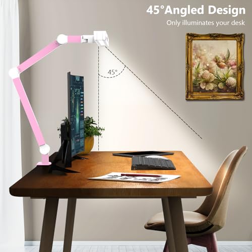 Image of Micomlan Architect Desk Lamp for Home Office, Pink Desk Lamp with Clamp for Working, 24W Bright Rotatable Led Table Light Stepless Dimming Tempering Wide Computer Light for Crafting Puzzle Hobby