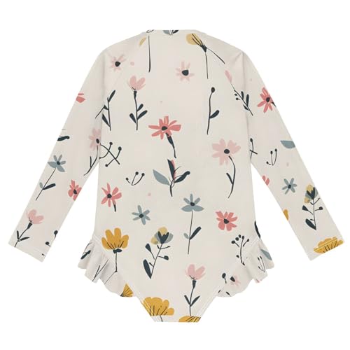 Girls One Piece Swimsuits Long Sleeve Swimsuit Zipper Bathing Suits Muted Color Floral Beige2