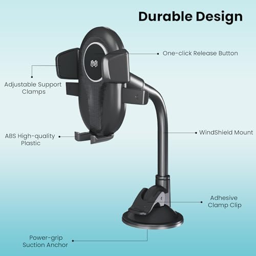 Image of MOOSH Universal Car Mount Holder for iPhone Android and All Smartphones, 360 Rotating Dashboard & Windshield Mobile Stand with Strong Suction, Anti-Shock Grip, Adjustable Viewing Angles (Black)