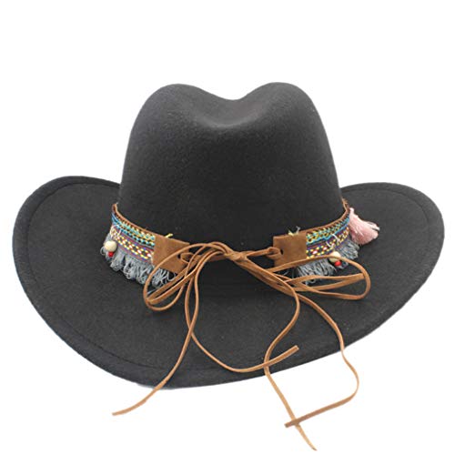 Children Felt Western Cowboy Hat Cowgirl Cap with Tassel Belt for Kids Girls Boys (Black), 20.5-21.3in2