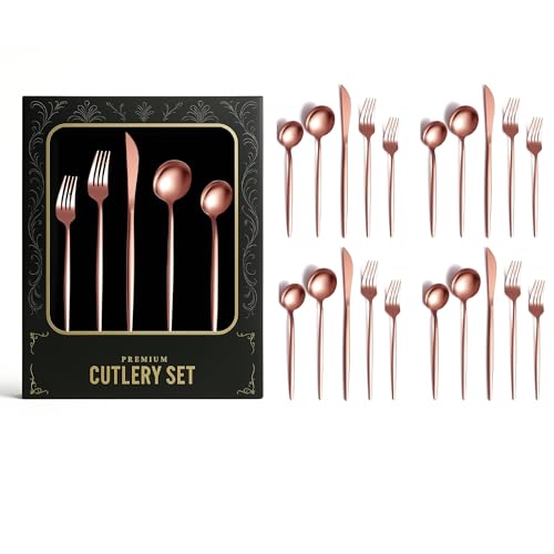 Image of aDai Korean Premium 20 Piece Stainless Steel Cutlery Set | Modern Flatware for Dining | Elegant Gift Box for Everyday Use (Rose Gold)