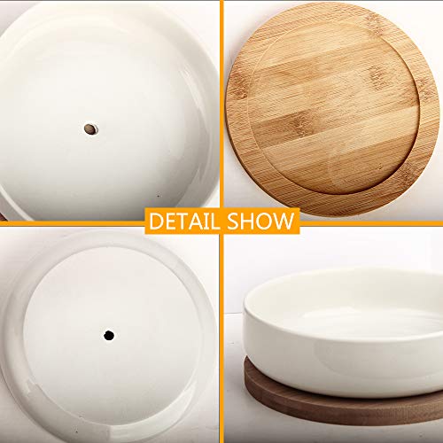 Zoutog Succulent Pots, 6 Inch White Ceramic Flower Planter Pot With Bamboo Tray, Pack Of 2 - Plants Not Included #TOP2
