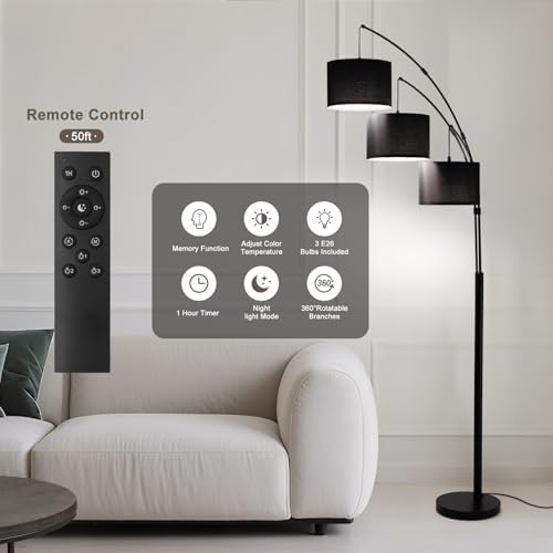 Image of Floor lamp with Remote, 3 Light Arc Floor Lamps for Living Room, 2400LM Tall Standing Floor Lamps with Black Shades, 80 inch Large Floor Lamp for Bedroom, Office