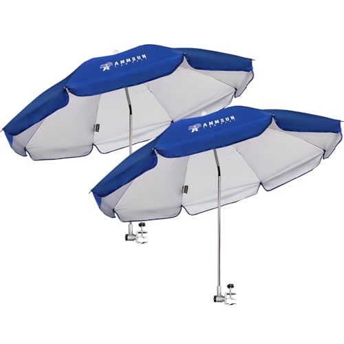 AMMSUN Chair Umbrella with Universal Clamp Adjustable 47 inches and 360 Swivel & UPF 50+ Protection Portable Sun Umbrella Secure Clip on Camping/Beach Chairs Stroller Wheelchair Golf cart Lounger Blue 2 PACK