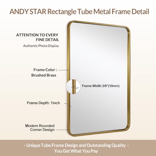 Image of ANDY STAR 24x40 Inch Gold Bathroom Mirror, Rounded Rectangle Mirror, Brushed Brass Bathroom Vanity Mirror Oblong Tube Metal Framed, SUS304-Anti-Rust, Wall-Mounted Horizontal /Vertical 1'' Deep