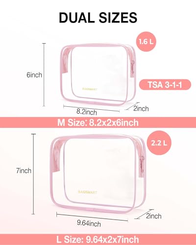 Image of BAGSMART Clear Toiletry Bag 2-Pack TSA Approved Water-Repellent, Pink | Carry on Travel Accessories Bag, Airport Airline Quart Size Bags for Women Men, Makeup Cosmetic Bag