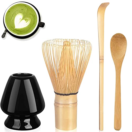ToolHouse Matcha Whisk Set - Matcha Whisk (Chasen) + Hooked Bamboo Spoon (Chashaku) + Teaspoon + Whisk Holder) - 4PCS Bamboo Matcha Stirrer - for making a Traditional Cup of Japanese Matcha Tea