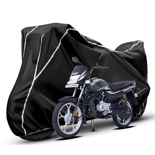 Image of Waterproof Bike Body Cover Compatible with Bajaj Platina Dustproof Scratchproof - Motorcycle Cover for Two Wheeler, Outdoor Full Cover with UV, Duty, Rain Protection (Black & White) R1