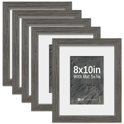 Image of VCK 8x10 Picture Frame 5 Pack, Grey Wood, 5x7 Mat, Glass, for Photo Print