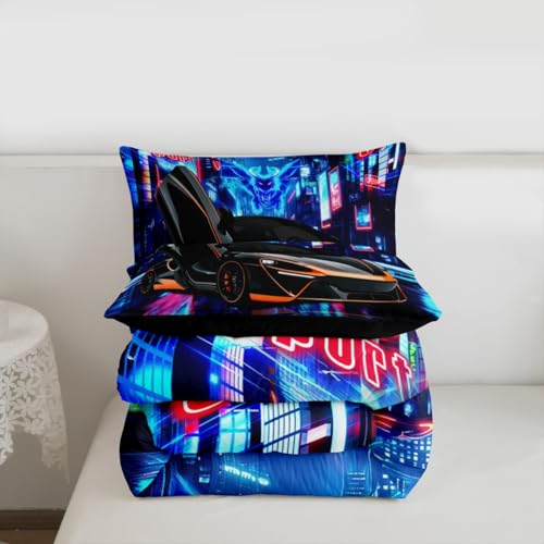 Image of Feelyou Race Car Comforter Set - Black Speed Sports Car Bedding for Kids - King Size Boys - 1 Comforter Set with 2 Pillowcases