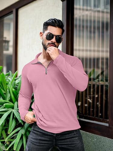 Image of KAJARU Men's Polyester Blend T Shirt with Spread Collar Neck Line Zipper Closure Full Sleeves Solid Pattern Regular Fit and Standard Length