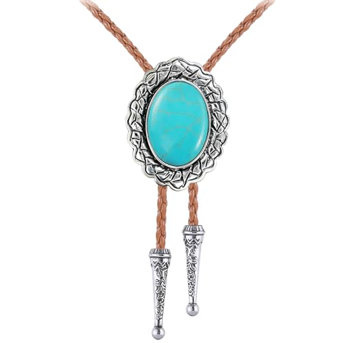 Image of Jeilwiy Bolo Tie for Men Real Stone Westwern Cowboy Ties Silver Bolos Women Leather Necktie Gift for Birthday Christmas