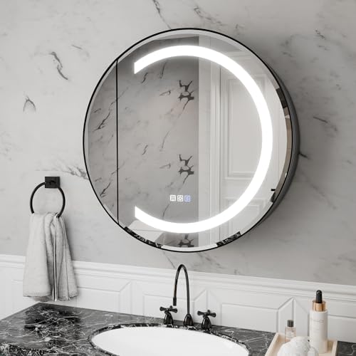ComfyStyle 28 Inch Round Glossy Black Lighted Medicine Cabinet, Stepless Color Temperature LED Round Mirror with Adjustable Shelves, Surface Mounted Modern Aluminum Frame Bathroom Cabinet