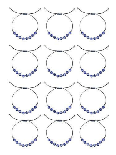 MYSTIC JEWELS   Pulsera Ojo Turco Ajustable – Pack 12 Pulseras de Hilo con Ojos Turcos de Cristal   Pulsera de Protección Unisex – Ajustable 13–21 cm (Azul Marino (12 Piezas))