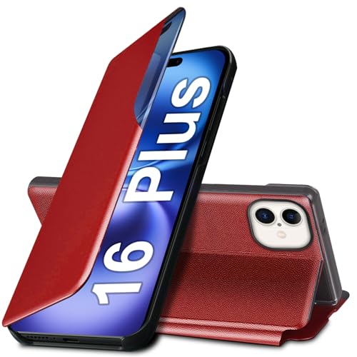 Étui en cuir fin iPhone 16 Plus rouge haute protection