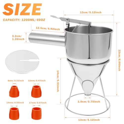 Pancake Batter Dispenser with 4 Nozzles 40oz/1.2L Stainless Steel Funnel Cake Dispenser with Stand & Handle, Pancake Mix Dispensers for Takoyaki Cupcake, Cupcakes, Funnel Cakes, Muffins - Image 3