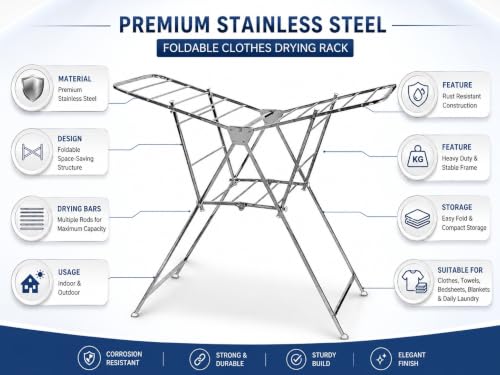Image of KITCHIVO Heavy Duty Stainless Steel Clothes Drying Stand, Foldable Laundry Rack with Extendable Side Wings for Indoor and Outdoor Drying (Wigas SteelDry)