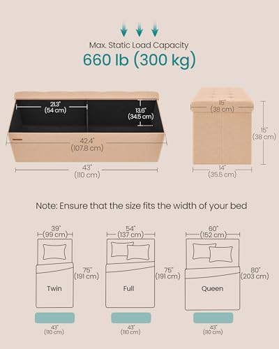 Image of SONGMICS Mazie Collection - Storage Ottoman Bench, 43 Inches Folding Foot Rest Stool, End of Bed Bench, Easy Assembly, for Living Room, Bedroom, Entryway, Apricot Orange ULSF077O01