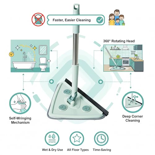 Image of Sulfar Rotatable Triangle Mop with Long Handle - Versatile Microfiber Cleaning Tool Rotatable Cleaning Brush| Glass Wiper Window Cleaner, Floor| Car Glass Scraper Dust Mop