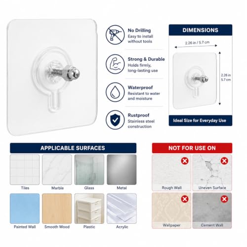 Image of KONVIO NEER Screw Hooks for Wall Without Drilling - 20 Pack Self Adhesive Screw Hooks Heavy Duty | Strong Nail-Free Transparent Stainless Steel Wall Hanging Hooks for Kitchen, Bathroom, Home & Office