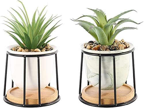 Letinaner Artificial Succulent Plants Faux Pineapple in Pots Artificial Green Plants with Black Birdcage-Shaped Stand, Perfect for Home Office Bathroom Kitchen Decoration, Set of 2