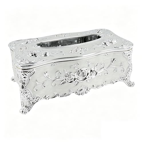 HEVSTIL Luxury European Rose Tissue Box Holder, Silver & White, Elegant Acrylic Tissue Cover with Rhinestones for Bathroom, Bedroom, Office Decor