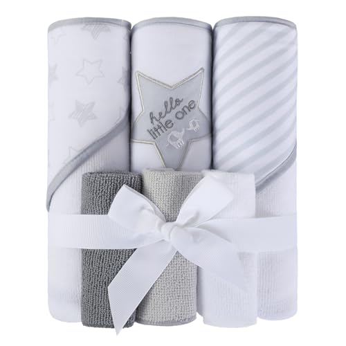 Image of Softan Baby Hooded Towels and Washcloths Set 6 Pack, 28x28 Ultra Soft & Absorbent Baby Bath Towels for Newborn Infant Toddler, Unisex Boys Girls (Grey Star)