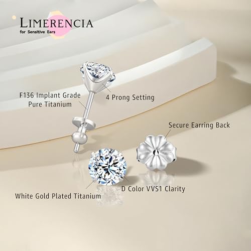Limerencia Moissanite Stud Earrings, F136 Titanium Screw Back Earrings, D Color VVS1 Clarity Lab-created Moissanite Earrings, Hypoallergenic G23 Pure Titanium for Women Men Sensitive Ears3