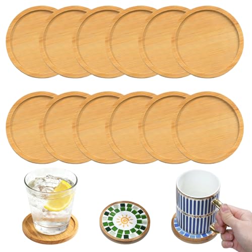 12 Stück Untersetzer Holz, Round Holzuntersetzer Bambus Untersetzers Mosaik Untersetzer Bastelset Klein Holztablett für DIY Mosaikzubehör Basteln Gläser Trinkbecher