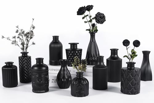 TBWIND 12pcs Glass Black Bud Vases Set Small Vases for Flowers Bud Vase for Centerpieces in Bulk Mini Vintage Vase for Rustic Wedding Decorations Office and Home Table Flower Dcor