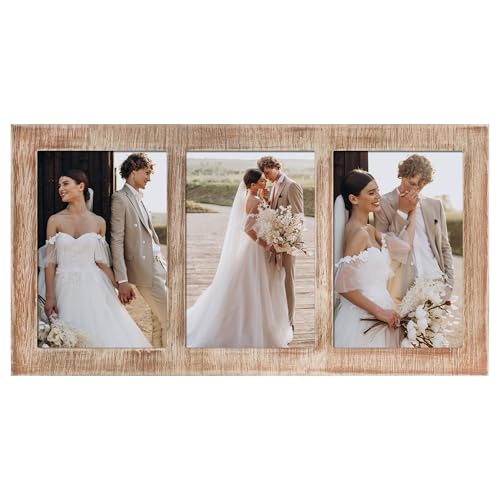 YESKAY 4x6 Collage Picture Frames 3 Picture Frame 4x6 Rustic Brown Wood Frame with Tempered Glass 3 Opening 4 by 6 Photo Frame Wall Decor or Tabletop 1 Pack
