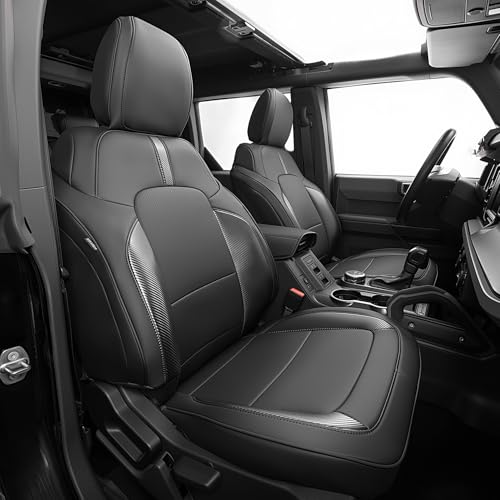 Custom Ford Bronco Car Seat Covers Fit for 2021-2026 Wear-Resistant Faux Leather Full Coverage Automotive Seat Cover Full Set W/ Rear Cup Holder Fit for Ford Bronco 4 Door SUV(Black-Carbon Fiber )