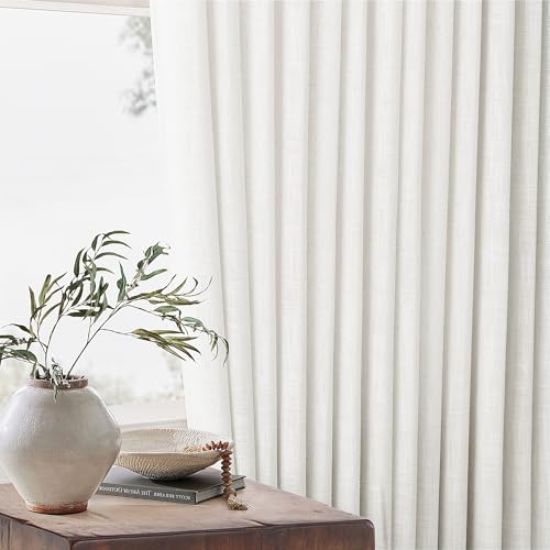 Image of Beige White 70 Inch Wide Curtains 90 Inches Long for Living Room Light Filtering Semi Sheer Modern Farmhouse Pleated Curtain with Hooks Rings for Patio Sliding Door Dining Room Large Window 1 Panel