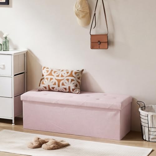 Image of DUMOS 43in Foldable Storage Ottoman Bench, Storage Chest, Large End of Bed Foot Rest Stool with Padded Seat, Bedroom Bench for Living Room, Support 660lbs, Pink