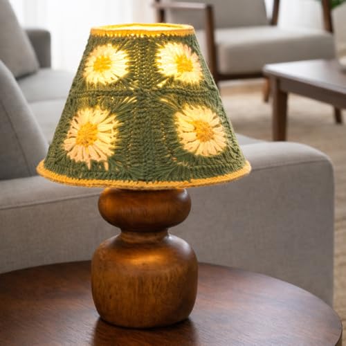 Image of The Decor Mart Crochet Shade Table Lamp with Wooden Base|Sleek Decor Decorative Beside Light for Desk,Bedroom, Living Room, Home Office and Hotel(20x20x30 cm) (Pastel Green)
