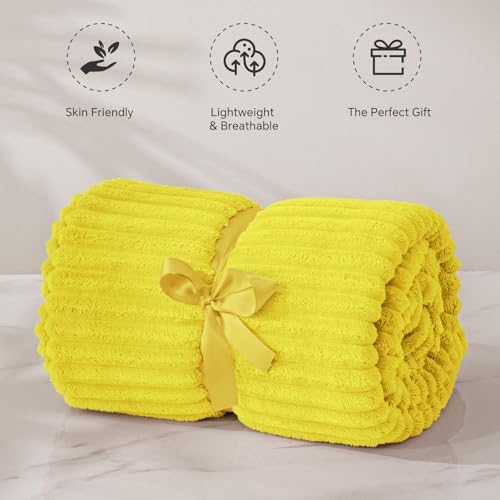 Image of BEDELITE Fleece Throw Blanket for Couch - 3D Ribbed Jacquard Soft and Warm Decorative Fuzzy Blanket - Cozy, Fluffy, Plush Lightweight Yellow Throw Blankets for Bed, Sofa, 50x60 inches